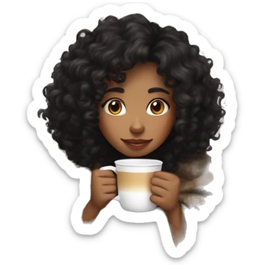 Light brown skin mid length black curly hair Girl drinking coffee, with a cozy blanket sticker