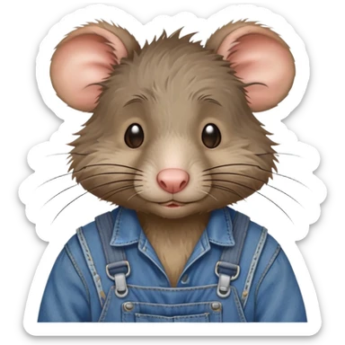 Disheveled rat wearing blue denim overalls, messy fur, looking tired and scruffy sticker