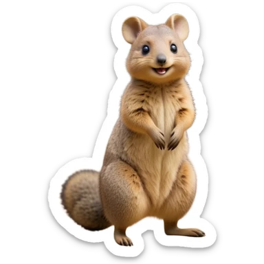 cinematic-quokka wallaby-realistic-full-body-standing on its hind legs hunched over-emoji,-small-round-frame-balanced-on-tiny-strong-hind-legs,giant fluffy cheeks large smile-fluffy-brown-fur-radiating-a-warm-softness,-big-round-eyes-filled-with-joy-and-innocence,-tiny-clawed-paws-held-close-to-chest,-cheerful-smile-exuding-endearing-happiness,-simplified-yet-realistic-focused-features,-highly-detailed,-glowing-with-a-sunny-warmth, skinny tail sticker