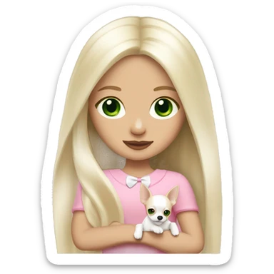 pale blond girl with long platinum hair with green eyes holding a white chihuahua puppy that wearing a pink bow sticker