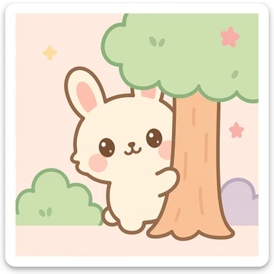 kawaii style furry creature peeking from behind a tree in a forest sticker