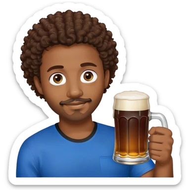 black man with short brown curly hair and blue eyes facial hair black shirt holding a beer sticker