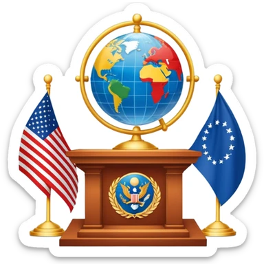 An icon featuring a podium with a speaker, national flags, and voting ballots, symbolizing political science. The design includes a globe and scales of justice in the background, representing governance, global affairs, and political theory. Transparent background emphasizes civic engagement sticker