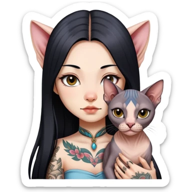 a Chinese girl with long black  straight hair and tattoos and a Sphynx cat sticker