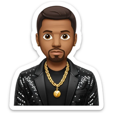 Keith Sweat (b.1961) with dark brown hair, black sequin jacket, black shirt with necklace sticker