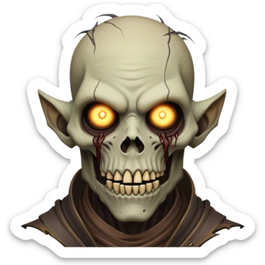 Cinematic Realistic WoW undead civilian Portrait, head tilted epicly and inquisitively, showcasing grim resilience and defiant strength. His withered, pallid skin and intense, glowing eyes contrast starkly with his worn, earth-toned clothes, rendered in meticulous detail. With dynamic, high-contrast lighting and high shine, this portrait exudes an epic aura, capturing the relentless will of a battle-hardened undead civilian. sticker