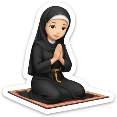 Light skin Muslim woman in plain black abaya side profile praying on prayer mat  holding up hands to god sticker