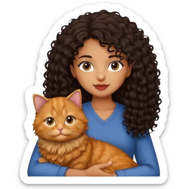 a brown/tan girl with black curly hair holding a ginger Persian cat with long fur sticker