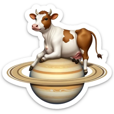 A cow with its head attached to planet Saturn as its body, with Saturn's rings around the middle, and giant realistic human feet at the bottom sticker