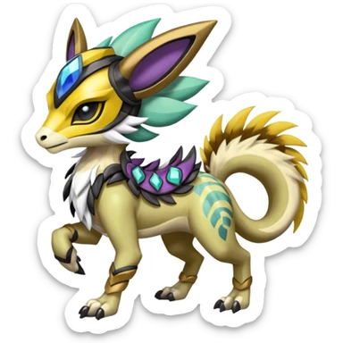 Colorful masked armored leathery scaly furry Meloetta-Manectric-Solgaleo-Raikou-Pokémon-Digimon-Fakémon-fusion-hybrid-creature sticker