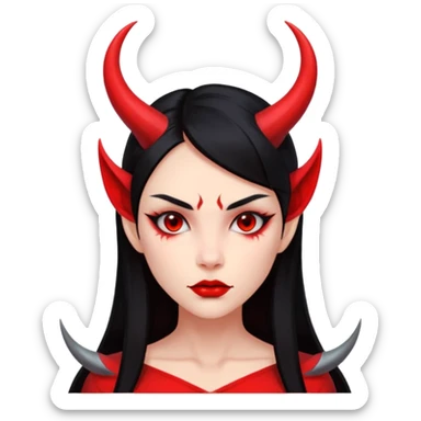 Head only demon girl, strong pronounced cheekbones, sharp angular jawline, skin fully pure red everywhere, long straight sleek black hair, small ho sticker