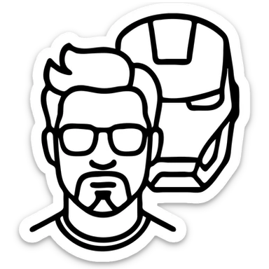 minimalist icon style of Tony Stark featuring signature facial hair and sunglasses, subtle Iron Man helmet outline sticker