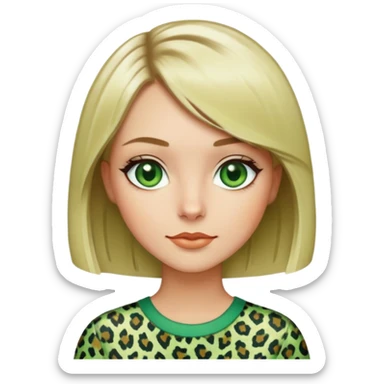 A blonde woman with green eyes and a bob haircut, wearing a green leopard print blouse sticker
