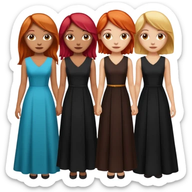Can you create an image of 3 friends together one with red bright hair light skin one the other with brown hair with some blonde highlights in the hair fair skin the last one with light brown a tint of orange hair and black long hair with brown with dresses dark hair on one sticker