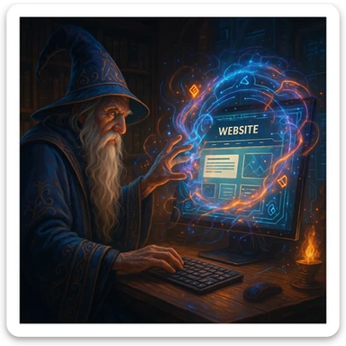A wizard with a long beard and robe, sitting at a computer, casting a spell to create a website, magical effects around the screen, digital and fantasy elements combined, detailed, vibrant, fantasy and technology fusion sticker