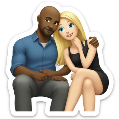 Blonde woman with blue eyes and long straight hair and black man who is bald with a goatee seated together on a sofa enjoying a passionate embrace.   sticker