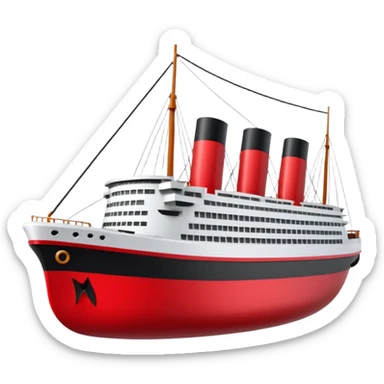 A 3D stylized Titanic ship in Apple emoji style, smooth and glossy surface, clean white and black colors with red accents, large expressive windows but no face, sailing on calm ocean with soft lighting, Pixar-quality render, minimal and elegant design, isolated on studio background.

 sticker