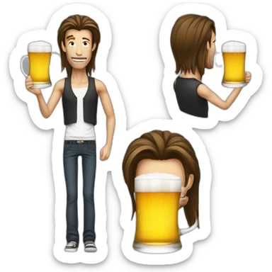 tall crazy very skinny guy with funny long hair tied in a ponytail with a glass of beer no face hair sticker