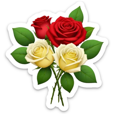 One red flower and one white flower and one small yellow rose below them in bouquet  sticker
