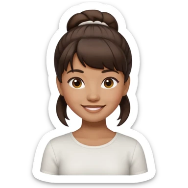 In Apple Memoji format, a girl with dark brown hair. She has bangs and her hair is in a singular high bun. The girl is arab and has light brown skin. She is wearing a white shirt sticker
