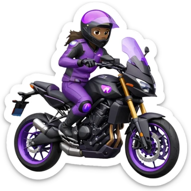 Créer un emoji copiable sur mon système iOS avec une moto mt07 noir mate / violet plus foncé que tu as et iridescent. le style de la mt07 doit être en sport. Avec pilote dessus visière violet bulle de la moto violet aussi. Avec fond arrière  violet  sticker