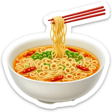 a bowl of instant noodles, steaming, with chopsticks, appetizing, simple emoji style sticker