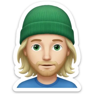 white man, mid thirties, blue eyes, mid length wavy hair, green beanie hat sticker