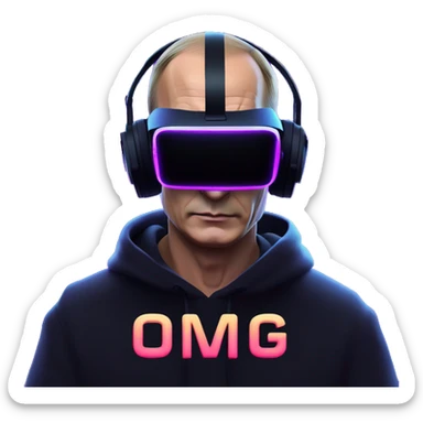Vladimir Putin wearing a black hoodie with "OMG" letters on it and VR headset oculus quest 2 in a cyberpunk VR environment with violet neon lighting. sticker
