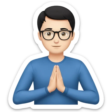 A white Man with black hair doing namaste with wearing specs sticker