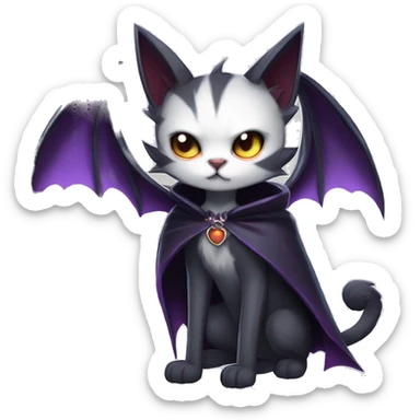   cool edgy beautiful anime-style ethereal dark-punk-themed animal vampiric cat-hybrid Fakemon with big fangs and bat-wing-ears with a cape full body sticker
