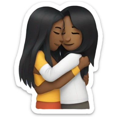 A lesbian couple with white skin and long black hair hugging intimately sticker