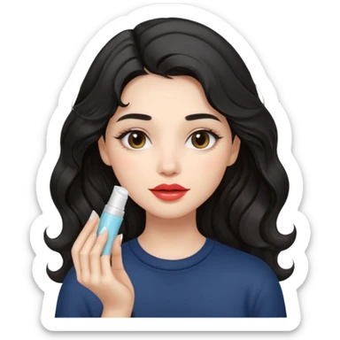 “Girl with light-black wavy hair, soft and flowing. She holds a asthetic lip balm just near her lips, about to apply it. The lip balm gives her lips a subtle glossy shine, making them look smooth, hydrated, and naturally prettyy sticker