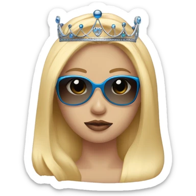 Girl with long blonde hair, blue eyes, sunglasses that cover her eyes and cherry lipstick and a crown sticker