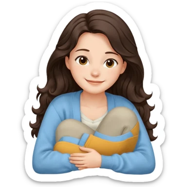 Juli – Cewe Perasa Kulit putih lembut, rambut coklat gelap panjang bergelombang natural, terurai. Pakai cardigan biru muda terang Duduk sambil peluk lutut ekspresi senyum sticker