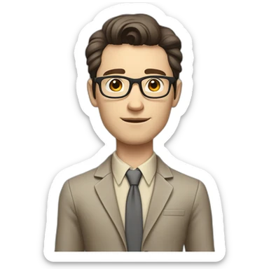 Full height Pale skinned fit man with dark brown hair in gray jacket, beige office shirt, brown tie, brown pants and vintage glasses. His right hand stretched out sticker