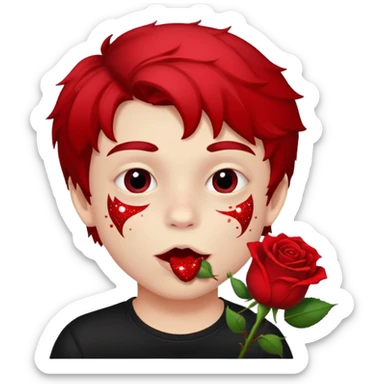 red glitter naughty-looking boy biting a rose in his mouth sticker