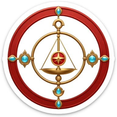 A circular casting sigil inspired by the Wizard101 Balance School, featuring ancient alchemical and arcane motifs. The base color is sand, with red trim accents. At the center is a golden balance scale as the primary focal symbol. sticker