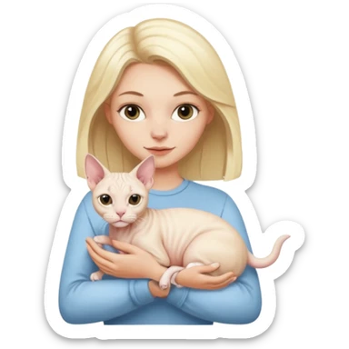 A white girl with blonde hair is holding a white Sphynx cat in her arms sticker