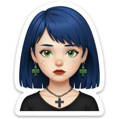 “Make an emoji of a girl with freckles on her cheeks, dark blue hair, greenish-brown eyes (more on the green side), black clothes, medium-sized lips, side curtain bangs, a punk cross necklace, and an Affliction shirt. sticker