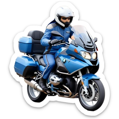 blue BMW RT1200 touring motorcycle with rider on open road sticker