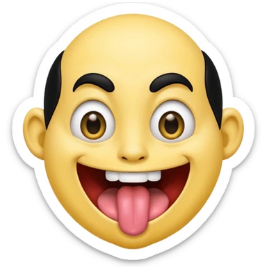 Freaky yellow face emoji smiling really big with huge tongue out and eyes wide open. Tongue should is wagging back and forth. Give him a head of black hair sticker