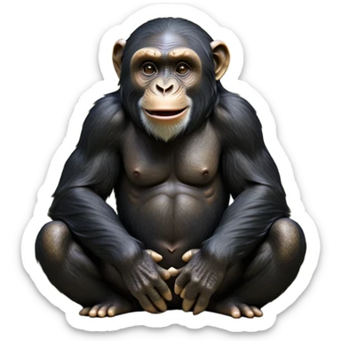 cinematic-noble chimpanzee-realistic-full-body-sitting-emoji,-long-powerful-arms-resting-on-its-knees,-expressive-dark-eyes-filled-with-intelligence-and-curiosity,-coarse-black-fur-textured-and-detailed,-softly-wrinkled-face-hinting-at-a-mischievous-smile,-slightly-open-mouth-showing-a-glimpse-of-teeth,-simplified-yet-realistic-focused-features,-highly-detailed,-glowing-with-a-warm-jungle-light

 sticker