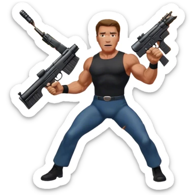 Icon for Action Movies: Arnold Schwarzenegger in the lead role, in an intense action pose with weapons, explosions, and dramatic background. The design should evoke the classic action movie feel with muscle-bound heroes and high-energy sequences. Transparent background. sticker