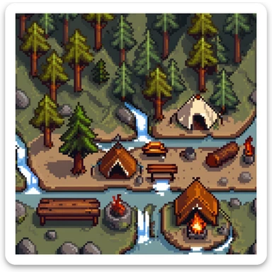 forest camping tile set with trees, tent, campfire, logs, river, rocks, and bushes sticker