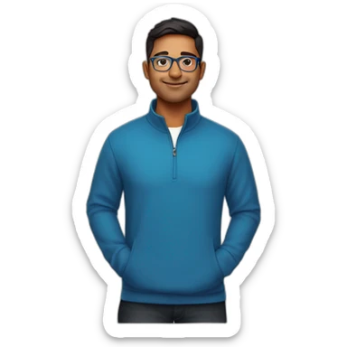 29 year old indian tech founder clean shaven in blue quarter zip with pebbled tortoiseshell glasses sticker