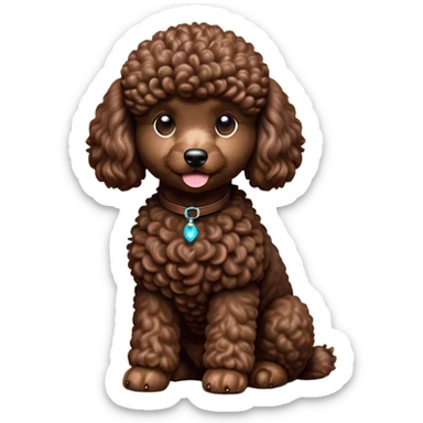cinematic-[poodle]-realistic-full-body-sitting-emoji,-tail-resting-loosely-beside-its-paws,-head-tilted-dramatically, -curly-[chocolate]-fur,-simplified-yet-realistic-focused-features,-highly-detailed,-glowing-with-an-almost-sarcastic-glow sticker