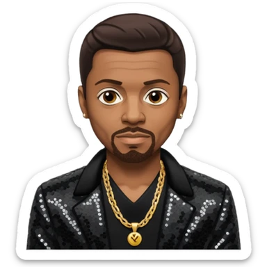 Keith Sweat (b.1961) with dark brown hair, black sequin jacket, black shirt with necklace sticker