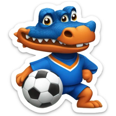 Gator with a soccer jersey in blue and Orange kicking a soccer ball sticker