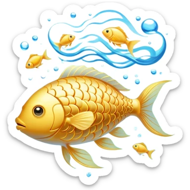 Ethereal golden fish swimming around a glowing brain, with omega-3 capsules floating between them. Flowing streams of luminous energy connect the fish, brain and omega symbol, all radiating with a soft golden light in a dreamy blue aura. sticker