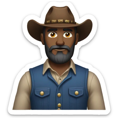a rugged cowboy with a thick beard, wearing a blue vest over a classic western shirt. He should have a confident stance, showing full torso sticker